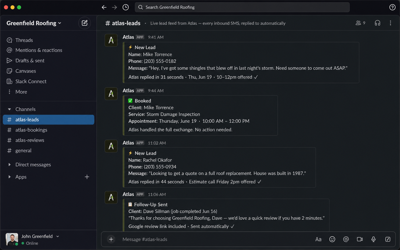 Atlas operations assistant — example lead feed in Slack